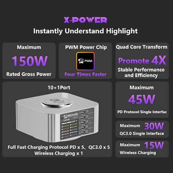 شارژر و تستر مکانیک X-Power 10Port QC3.0 PD 150W Type-C/USB