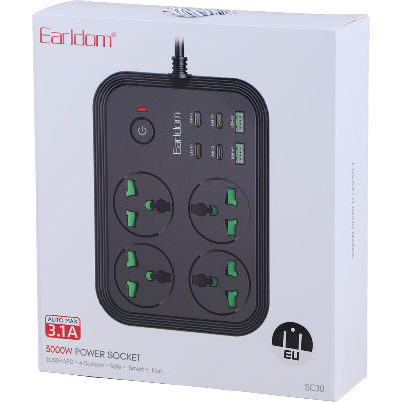 چند راهی 4 خانه ارلدام ES-SC30 با کابل 1.85 متری + شارژر USB و Type-C