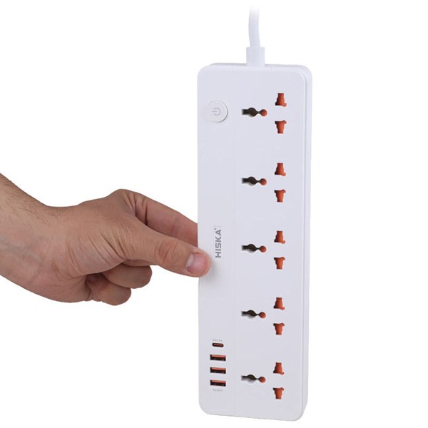 چند راهی 5 خانه هیسکا CH-5517UK با کابل 2 متری + شارژر USB و Type-C