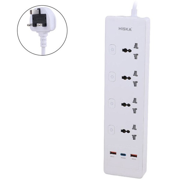 چند راهی 4 خانه هیسکا CH-5518UK با کابل 2 متری + شارژر USB و Type-C