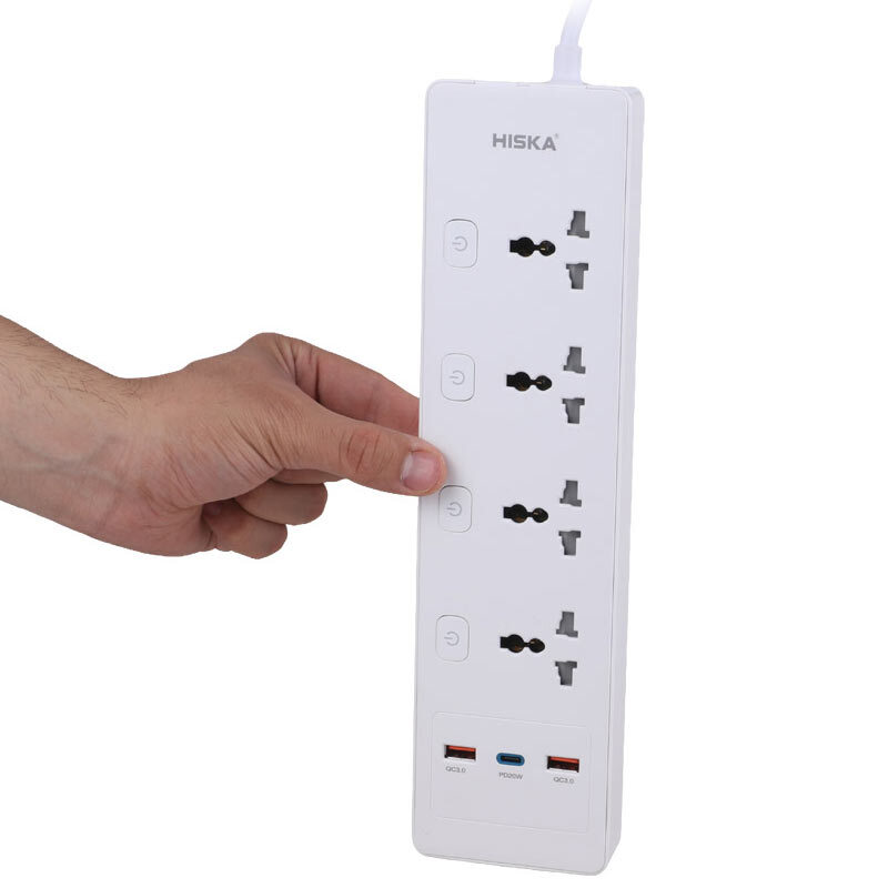 چند راهی 4 خانه هیسکا CH-5518UK با کابل 2 متری + شارژر USB و Type-C