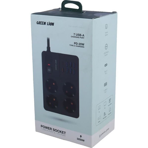 چند راهی 4 خانه ارت دار گرین لاین GL-PS8B GNPS7UPDEUBK با کابل 2 متری + شارژر USB و Type-C
