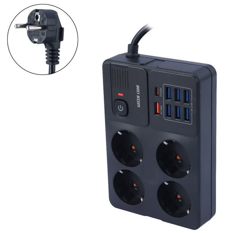 چند راهی 4 خانه ارت دار گرین لاین GL-PS8B GNPS7UPDEUBK با کابل 2 متری + شارژر USB و Type-C
