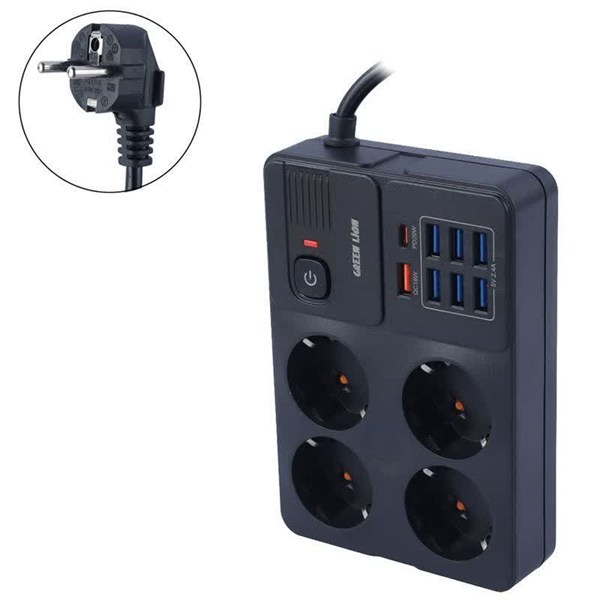 چند راهی 4 خانه ارت دار گرین لاین GL-PS8B GNPS7UPDEUBK با کابل 2 متری + شارژر USB و Type-C