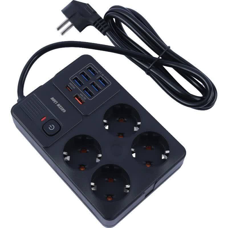 چند راهی 4 خانه ارت دار گرین لاین GL-PS8B GNPS7UPDEUBK با کابل 2 متری + شارژر USB و Type-C