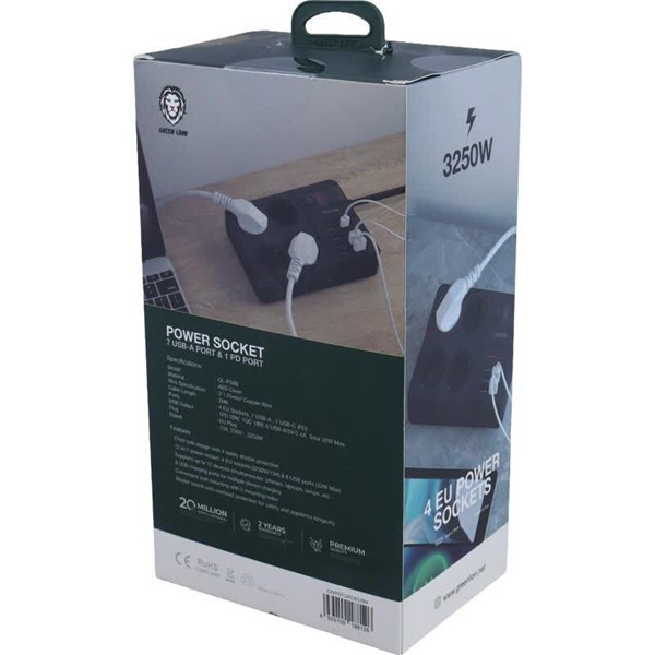 چند راهی 4 خانه ارت دار گرین لاین GL-PS8B GNPS7UPDEUBK با کابل 2 متری + شارژر USB و Type-C