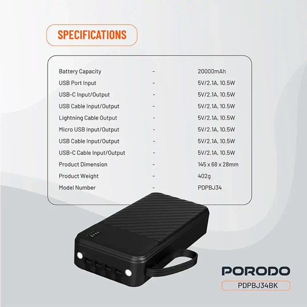پاور بانک فست شارژ پرودو Piano PDPBJ34 10.5W ظرفیت 20000 میلی آمپر ساعت