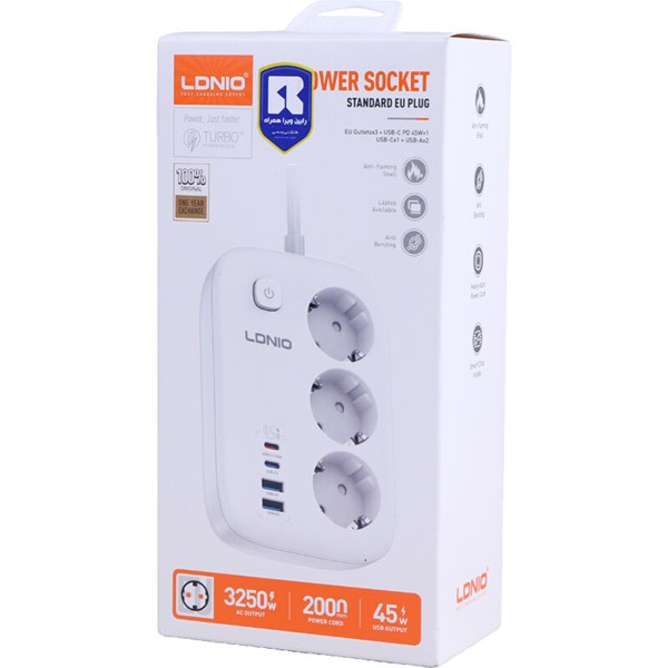 چند راهی 3 خانه ارت دار الدینیو SE2 با کابل 2 متری + شارژر USB و Type-C