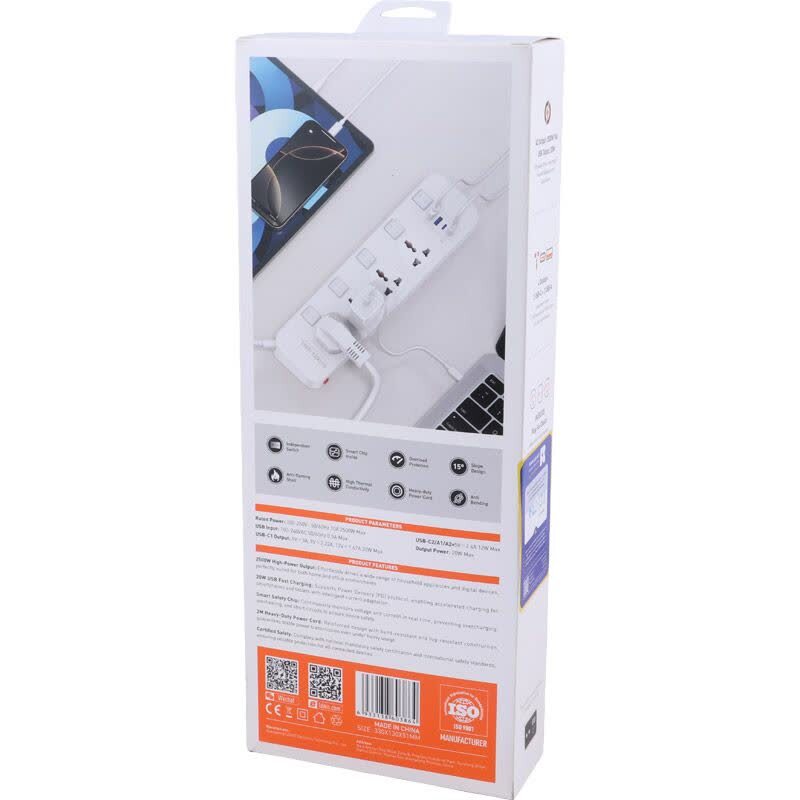 چند راهی 4 خانه ارت دار الدینیو SC4408C با کابل 2 متری + شارژر USB و Type-C