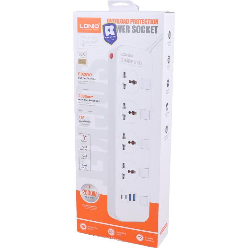 چند راهی 4 خانه ارت دار الدینیو SC4408C با کابل 2 متری + شارژر USB و Type-C