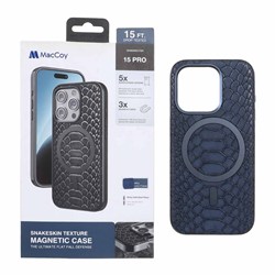 قاب اورجینال MacCoy چرمی پوست ماری MagSafe مدل Apple iPhone 15 Pro - سرمه ای (پک دار)