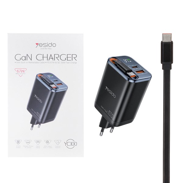 شارژر دیواری PD و فست سه پورت Yesido مدل YC100 67W - مشکی (گارانتی 18 ماه تعویض نیکان همراه)