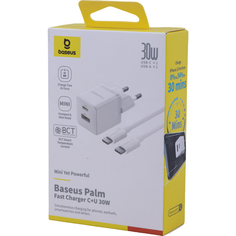 شارژر دیواری 30 وات باسئوس Palm P1011160A113 QC3.0 PD3.0 3A + کابل تبدیل تایپ سی