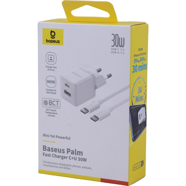 شارژر دیواری 30 وات باسئوس Palm P1011160A113 QC3.0 PD3.0 3A + کابل تبدیل تایپ سی