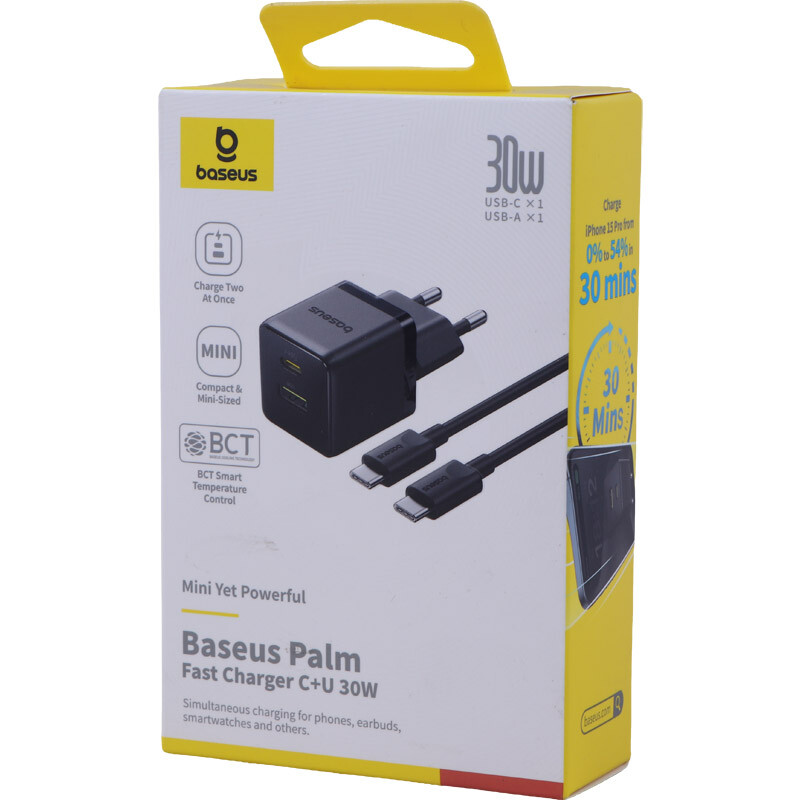 شارژر دیواری 30 وات باسئوس Palm P1011160A113 QC3.0 PD3.0 3A + کابل تبدیل تایپ سی