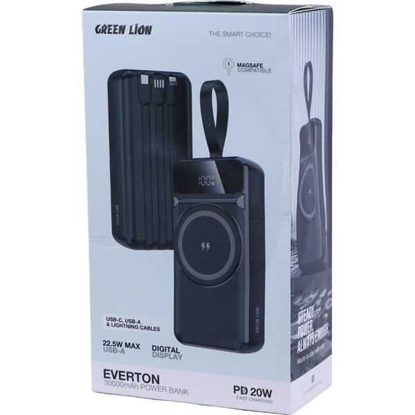 پاور بانک بی سیم فست شارژ گرین لاین Everton GL-PXB4 GNEVRTN30K QC PD 22.5W ظرفیت 30000 میلی‌ آمپر ساعت