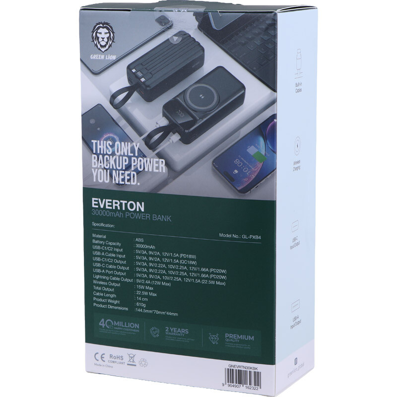 پاور بانک بی سیم فست شارژ گرین لاین Everton GL-PXB4 GNEVRTN30K QC PD 22.5W ظرفیت 30000 میلی‌ آمپر ساعت