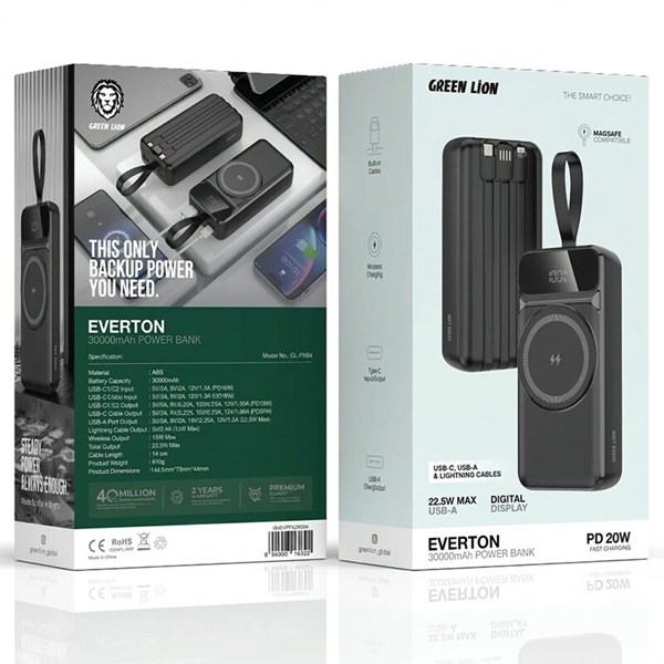پاور بانک بی سیم فست شارژ گرین لاین Everton GL-PXB4 GNEVRTN30K QC PD 22.5W ظرفیت 30000 میلی‌ آمپر ساعت