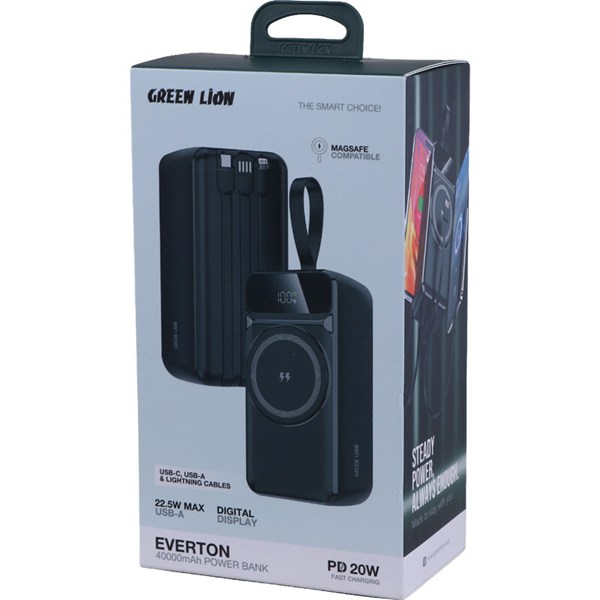 پاور بانک بی سیم فست شارژ گرین لاین Everton GL-PXB5 GNEVRTN40K QC PD 22.5W ظرفیت 40000 میلی‌ آمپر ساعت