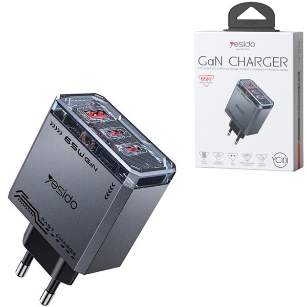 شارژر دیواری 65 وات یسیدو YC101 GaN QC3.0 PD 3.25A