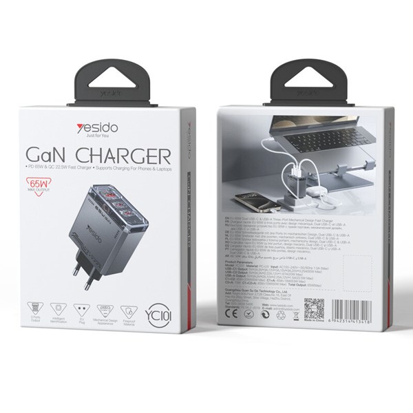شارژر دیواری 65 وات یسیدو YC101 GaN QC3.0 PD 3.25A