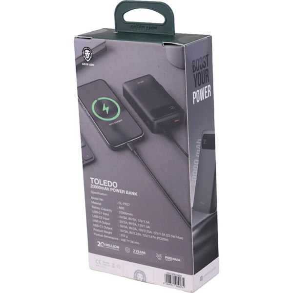 پاور بانک فست شارژ گرین لاین Toledo GL-PX37 GNTOPB20KBK PD 22.5W ظرفیت 20000 میلی آمپر ساعت