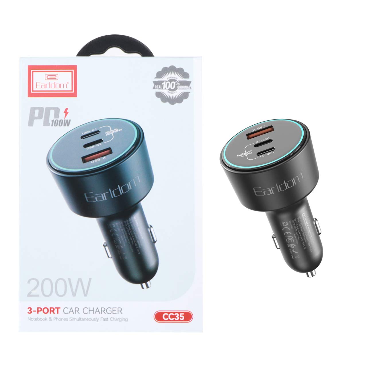 شارژر فندکی PD و فست سه پورت Earldom مدل CC35 200W - مشکی