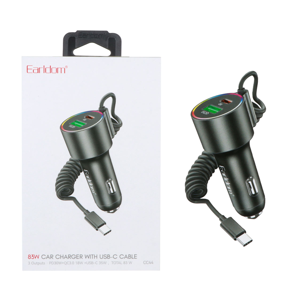 شارژر فندکی PD و فست دو پورت Earldom مدل CC44 83W - مشکی(کابل رابط متصل Type-c)