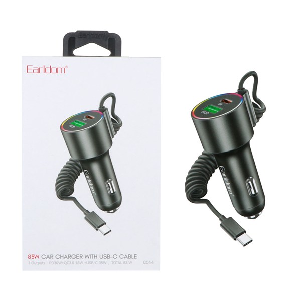 شارژر فندکی PD و فست دو پورت Earldom مدل CC44 83W - مشکی(کابل رابط متصل Type-c)
