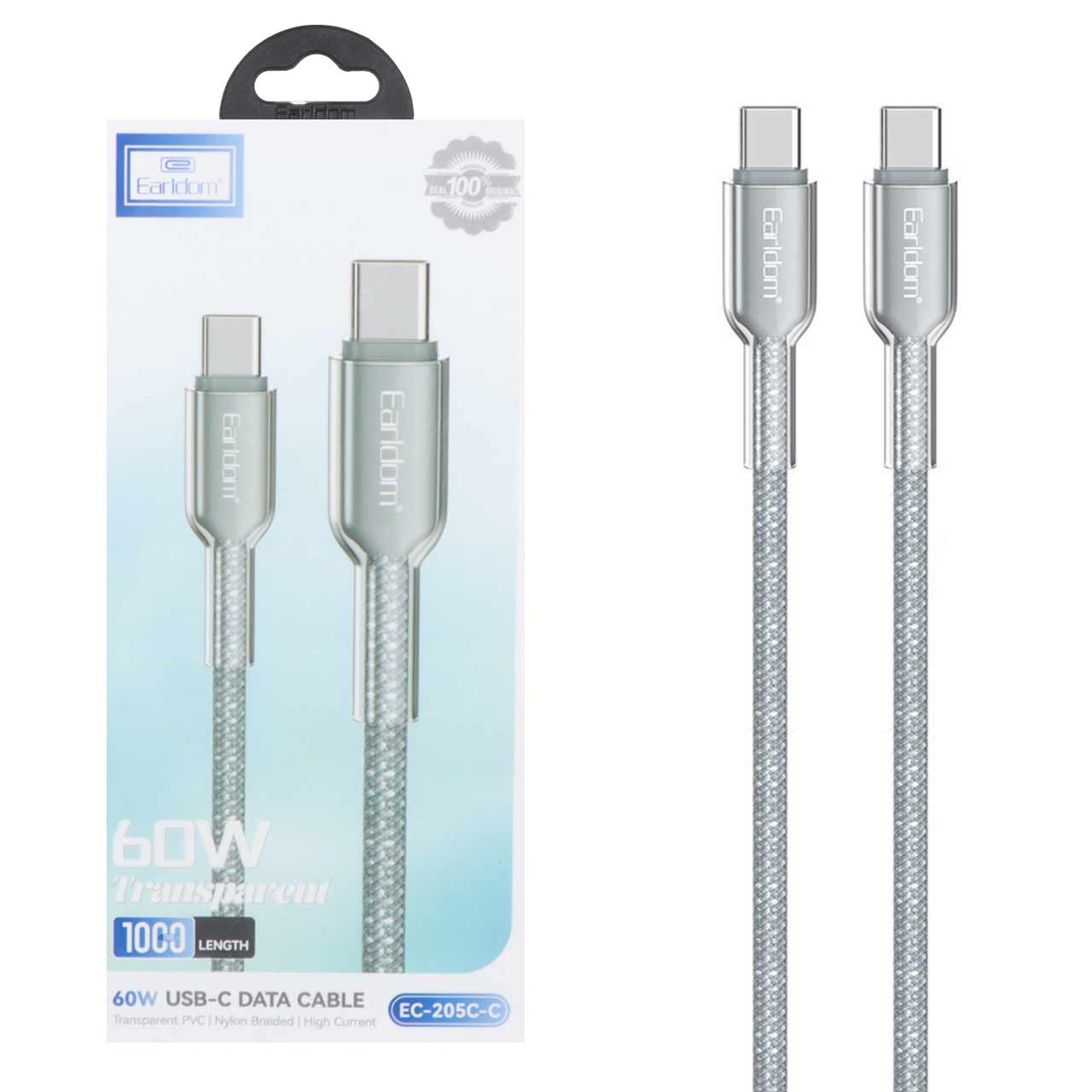کابل شارژ PD و فست Earldom Type-C To Type-C مدل EC-205C-C 60W - خاکستری