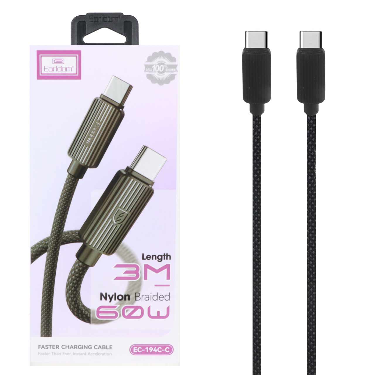 کابل شارژ و دیتا PD و فست کنفی 3 متری  Earldom Type-C To Type-C مدل EC-194C-C 60W - مشکی
