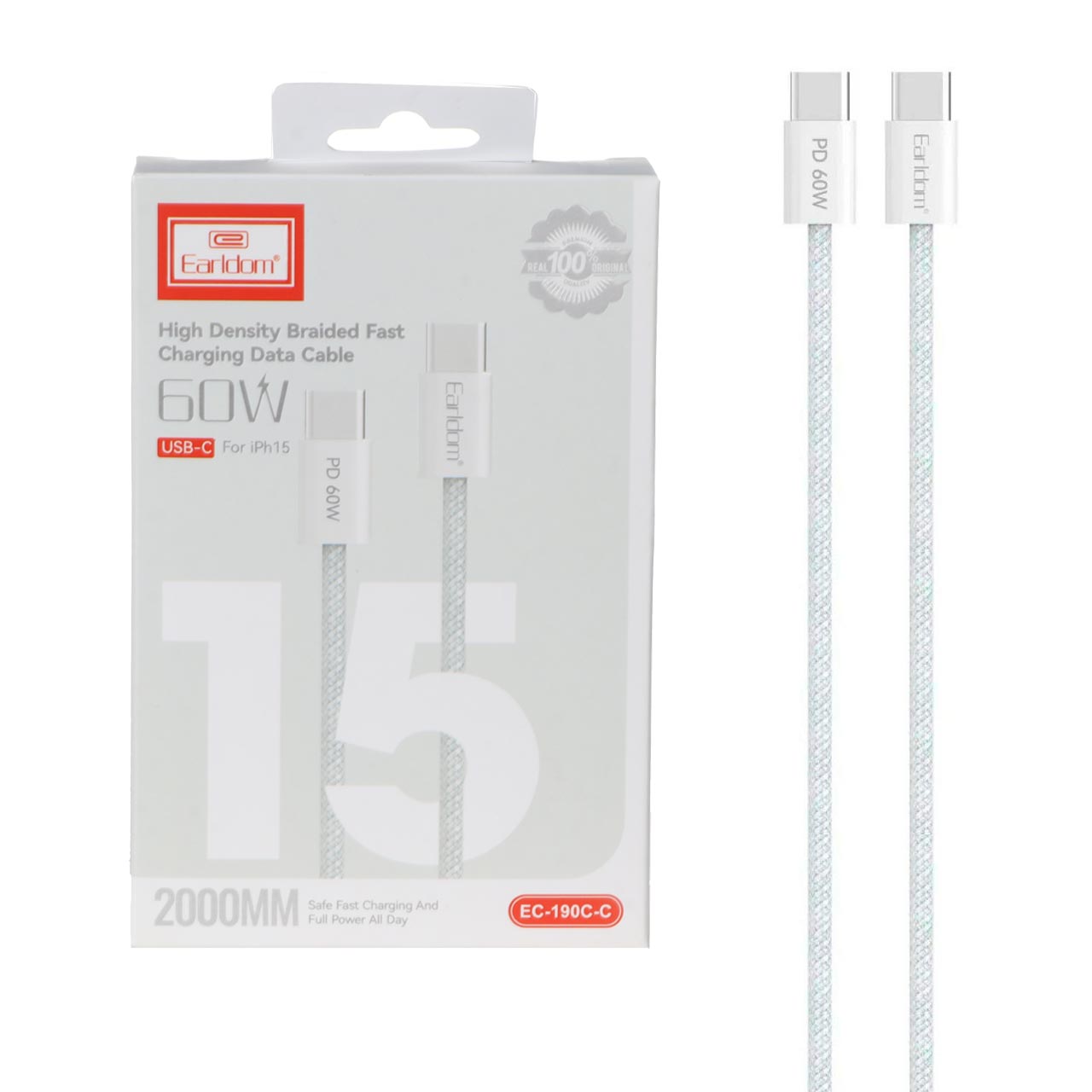 کابل شارژ PD و فست 2 متری Earldom Type-C To Type-C مدل EC-190C-C 60W - سفید