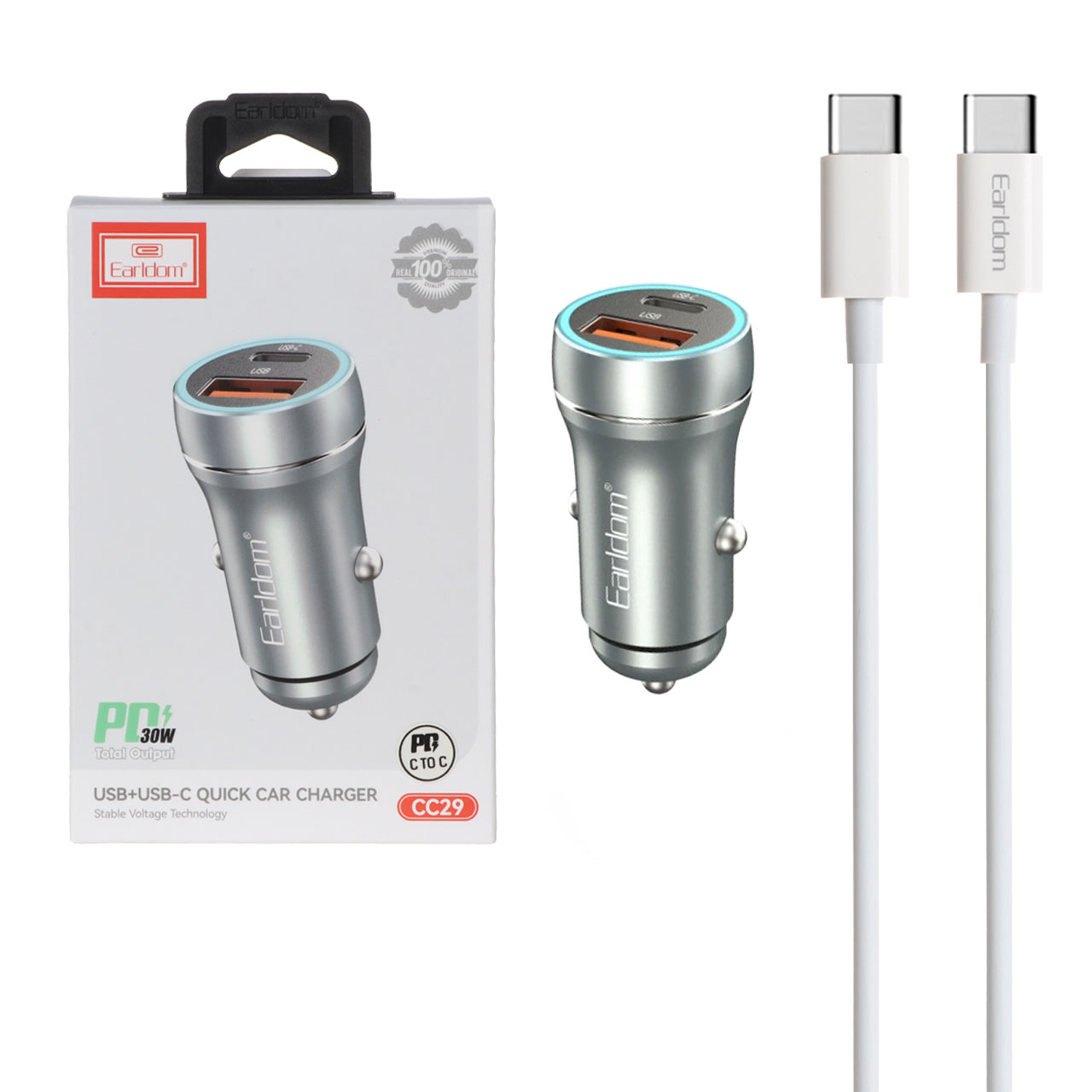 شارژر فندکی PD و فست دو پورت Earldom مدل CC29 30W به همراه کابل شارژ Type-C To Type-C - سبز