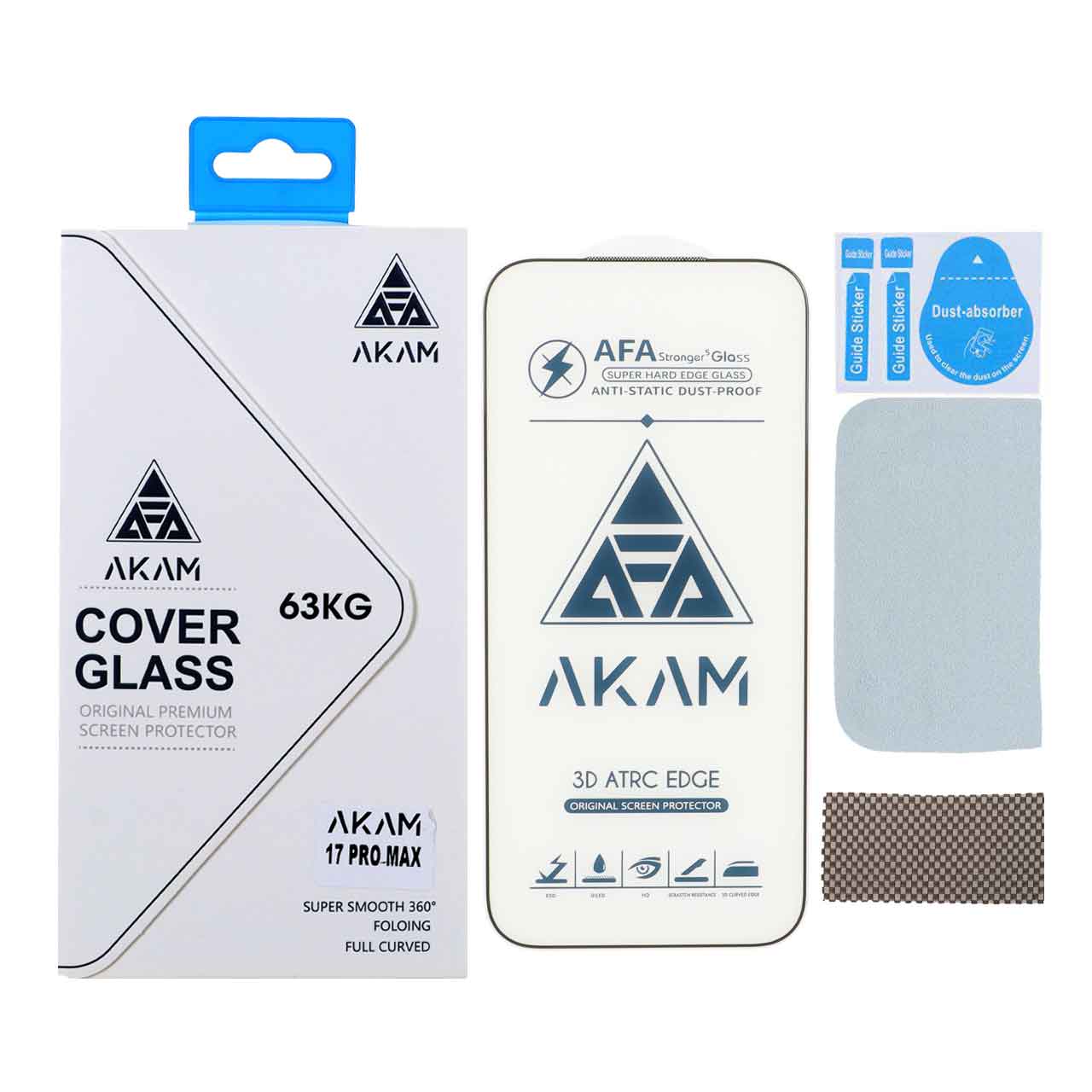 محافظ صفحه نمایش شیشه ای اورجینال Full Cover - AKAM مدل Apple iPhone 17 Pro Max به همراه دستمال و پد سیلیکونی (پک دار)