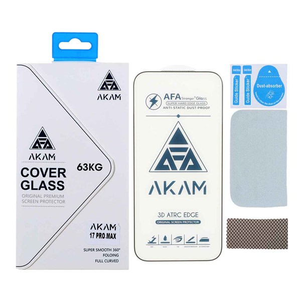 محافظ صفحه نمایش شیشه ای اورجینال Full Cover - AKAM مدل Apple iPhone 17 Pro Max به همراه دستمال و پد سیلیکونی (پک دار)