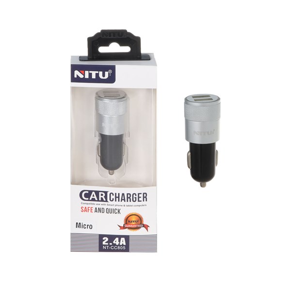 شارژر فندکی فست دو پورت NITU مدل CC805 به همراه کابل شارژ اندروید - مشکی نقره ای (گارانتی 18 ماه تعویض نیکان همراه)