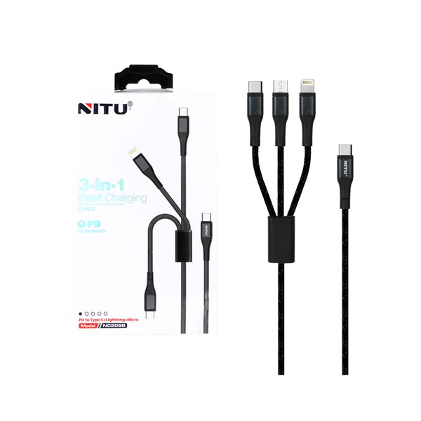 کابل شارژودیتا  1.2متری PD و فست سه کاره Nitu مدل NC206B - مشکی (گارانتی 18 ماه تعویض نیکان همراه)