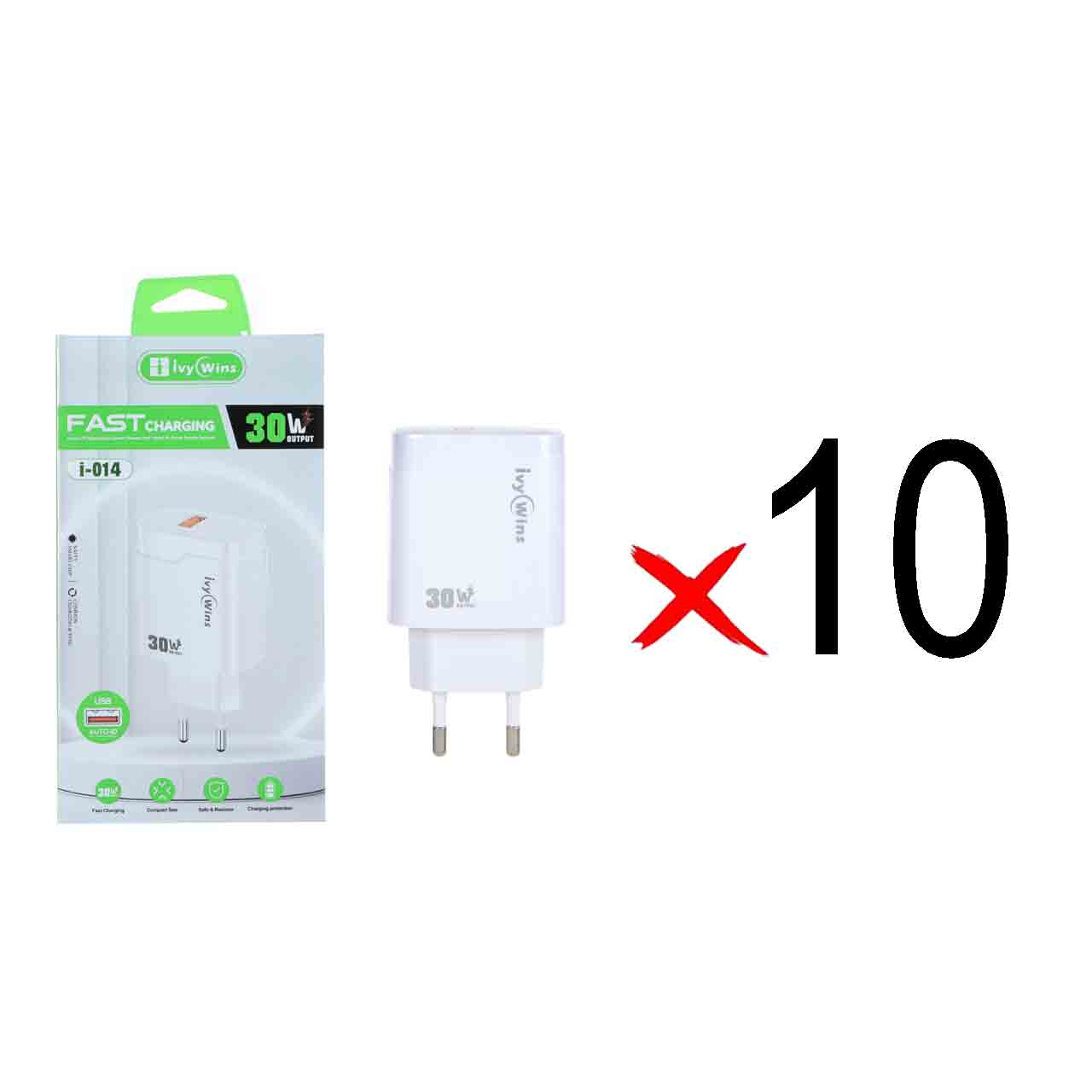 شارژر دیواری فست تک پورت ivy Wins مدل i-014 30W - سفید ( بسته 10 عددی)