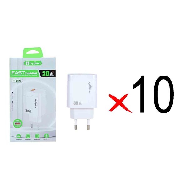 شارژر دیواری فست تک پورت ivy Wins مدل i-014 30W - سفید ( بسته 10 عددی)