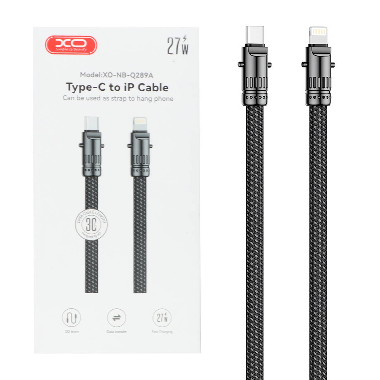 کابل شارژ و دیتا  فست پاوربانک 30سانتی متری XO Type-C to Lightning مدل XO-NB-Q289A 27W - مشکی