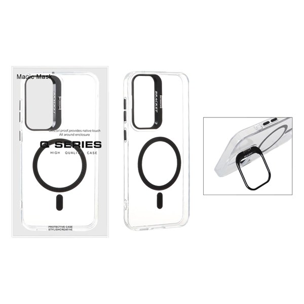 قاب اورجینال Q Series Bracket کریستالی Magsafe لنز استندشو Samsung Galaxy S23 FE - مشکی (پک دار)