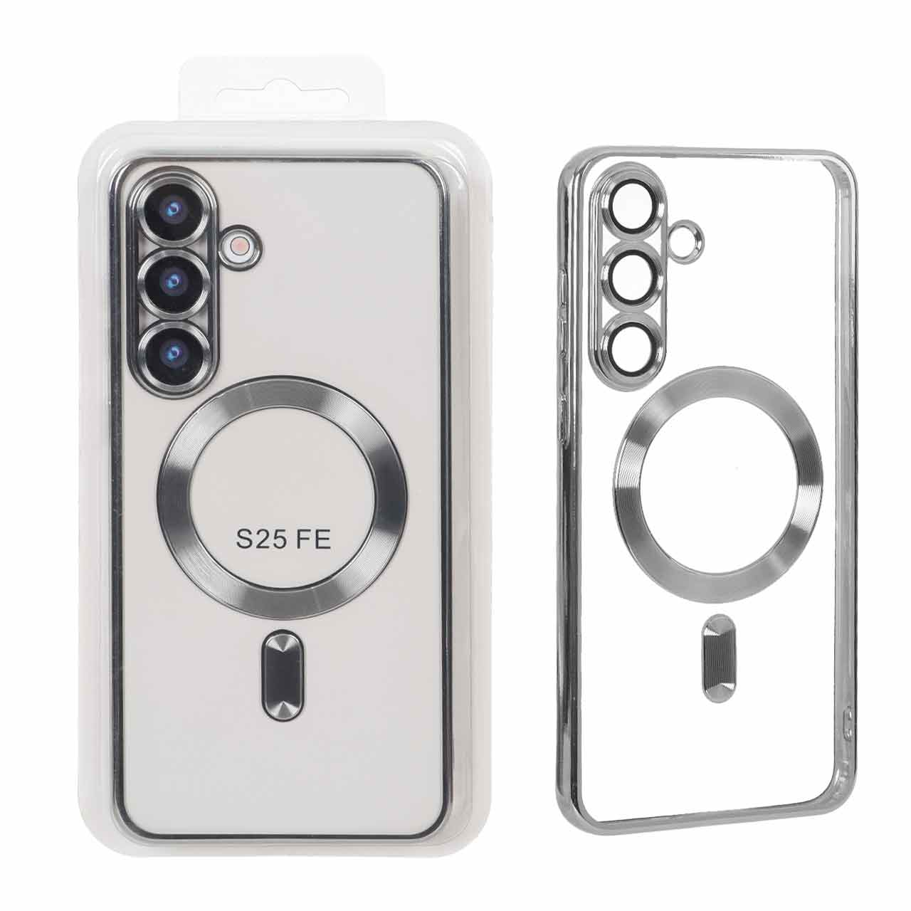 قاب اورجینال الکترواستاتیک Magsafe لنز گلس دار Samsung Galaxy S25 FE - نقره ای (پک دار)