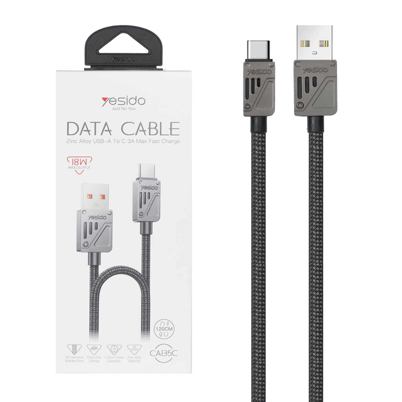 کابل شارژ 1.2 متری فست کنفی Yesido Type-C مدل CA135C 18W - خاکستری (گارانتی 18 ماه تعویض نیکان همراه)