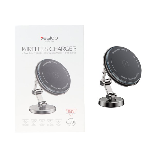شارژر وایرلس و هولدر مگنتی گوشی موبایل پایه دار Yesido مدل C306 - خاکستری (گارانتی 18 ماه تعویض نیکان همراه)