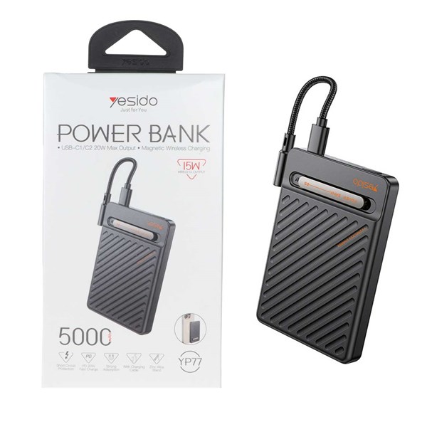 پاوربانک وایرلس PD و فست شارژ Yesido 5000mAh مدل YP77 20W - مشکی (گارانتی 18 ماه تعویض نیکان همراه)