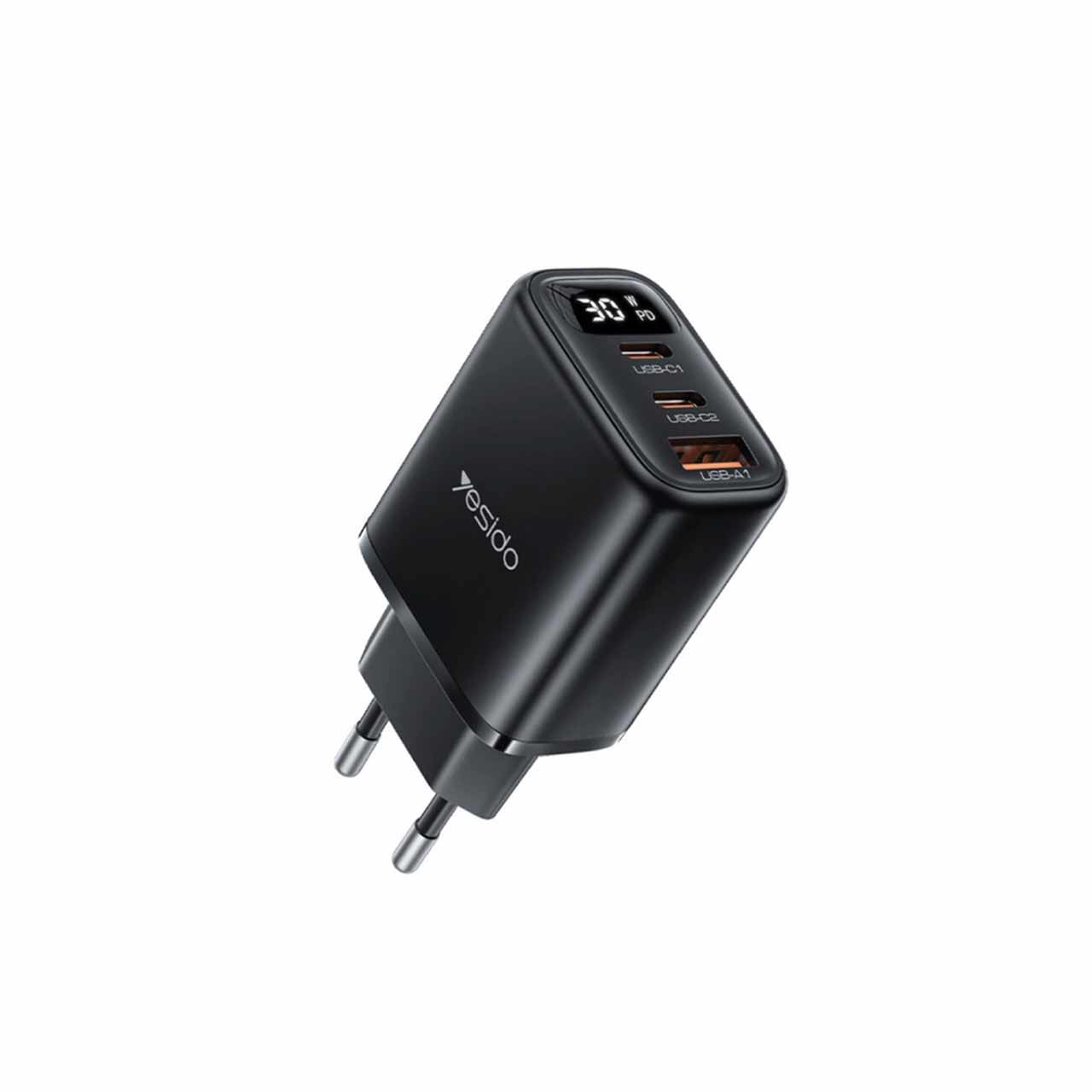 شارژر دیواری PD و فست سه پورت 30 وات Yesido مدل YC69 30W - مشکی (گارانتی 18 ماه تعویض نیکان همراه)