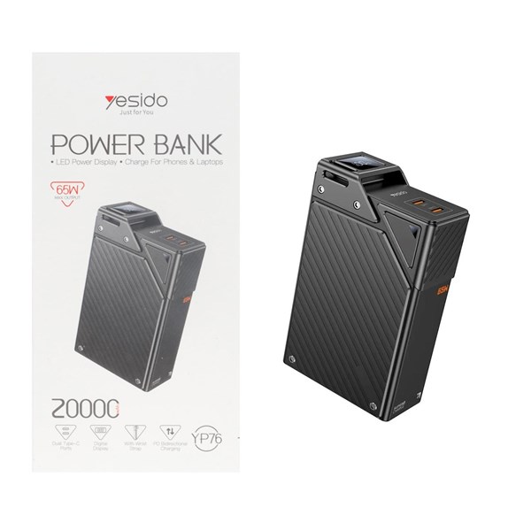 پاوربانک فست شارژ Yesido 20000mAh مدل YP76 65W - مشکی (گارانتی 18 ماه تعویض نیکان همراه)