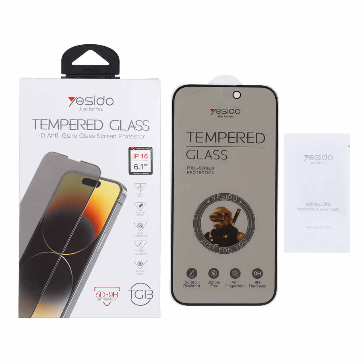 محافظ صفحه نمایش شیشه ای اورجینال Privacy Glass Yesido مدل Apple iPhone 16 (پک دار)