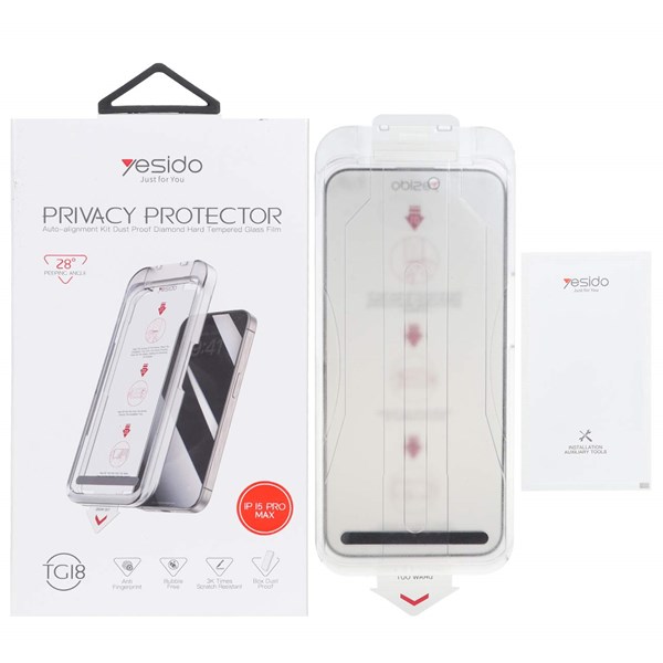 محافظ صفحه نمایش شیشه ای اورجینال Yesido Privacy - Magic Glass Box مدل Apple iPhone 15 Pro Max (پک دار)