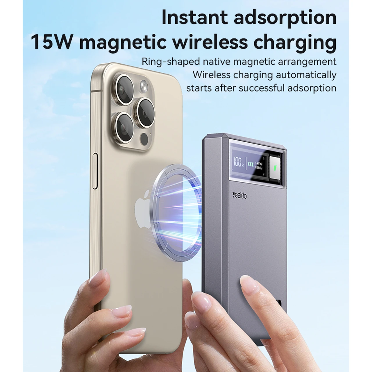 پاوربانک وایرلس PD و فست شارژ  Yesido 10000mAh مدل YP61 20W مگ سیف - خاکستری (گارانتی12 ماه تعویض نیکان همراه)